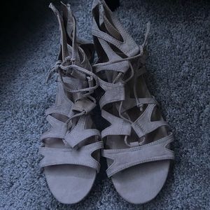 cute tan strappy low wedge